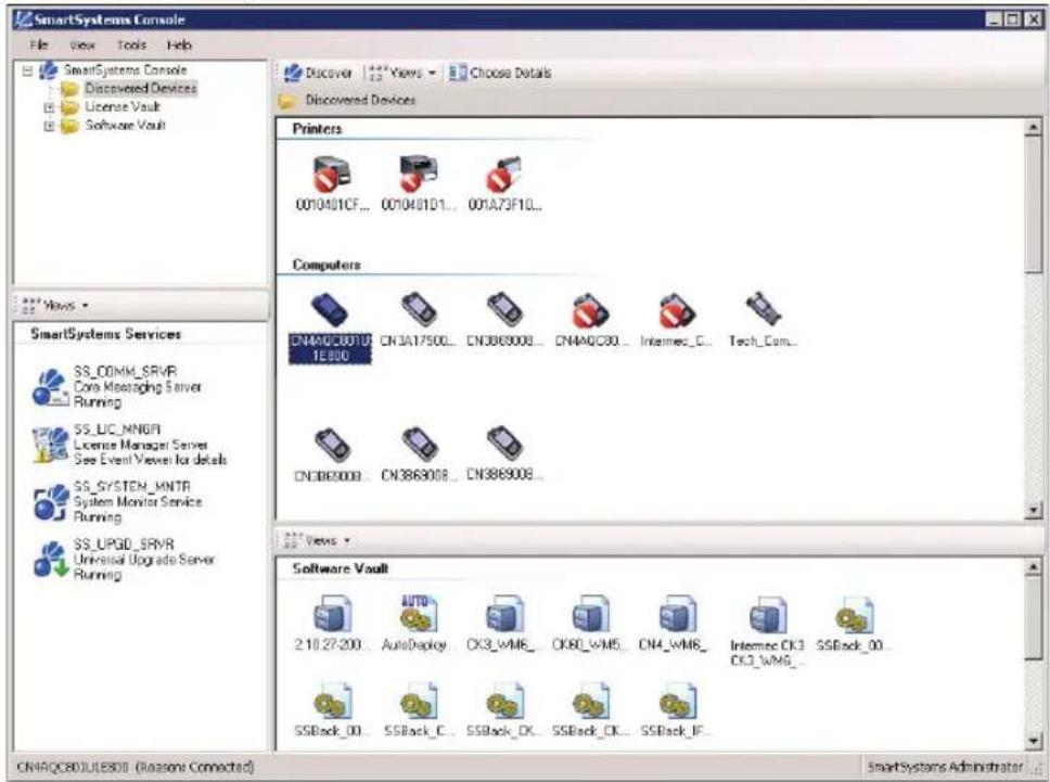 SmartSystems Console File View Tools Help SmartSystems Console Discovered Devices License Vault Software Vault Discover Views Choose Details Discovered Devices Printers 0010401CF... 0010401D1... 001A73F10... Computers CN4AQCB001U TE800 CN3A17500... CN3B69000... CN4AQC30... Intermed_C... Tech_Com... CN3B69008... CN3B69008... CN3B69008... Views Software Vault 2.10.27-200... AutoDeploy... CK3_WMB... CK80_WMB... CN4_WMB... Intermed CK3... SSBack_00... SSBack_00... SSBack_C... SSBack_DK... SSBack_CK... SSBack_IF... CN4QCBDJULE800 (Reasons Connected) SmartSystems Administrator