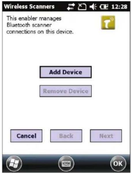 Wireless Scanners This enabler manages Bluetooth scanner connections on this device. Add Device Remove Device Cancel Back Next