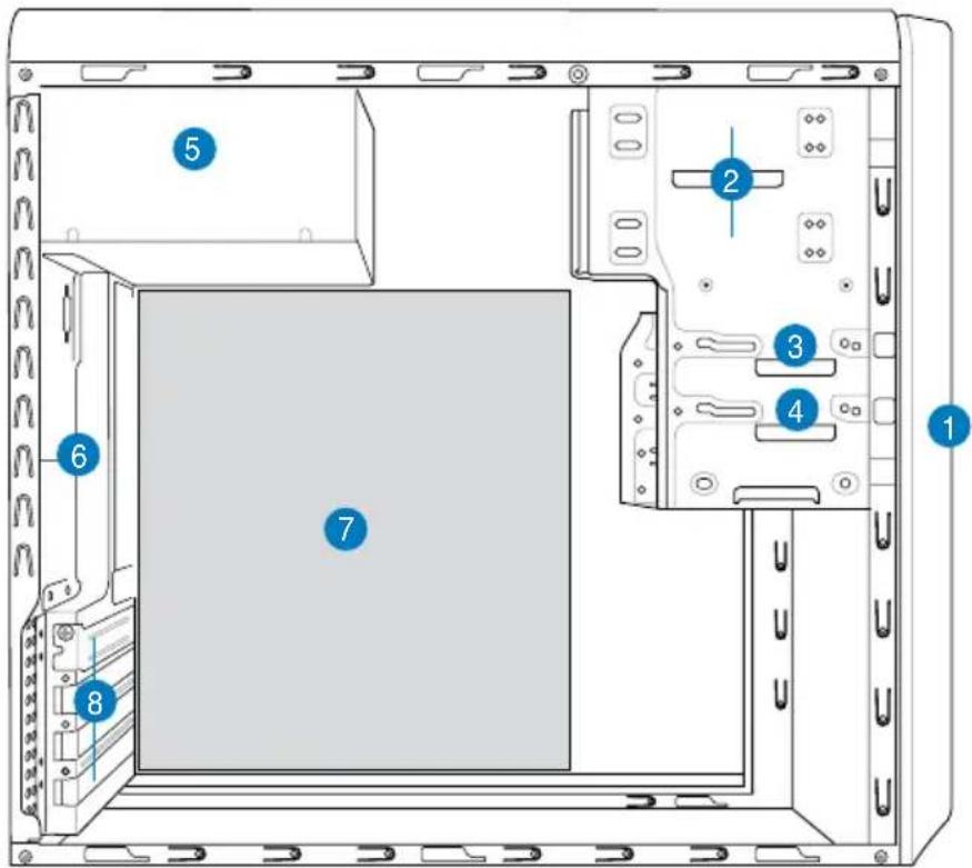 Diagram of a computer tower case with numbered components for identification