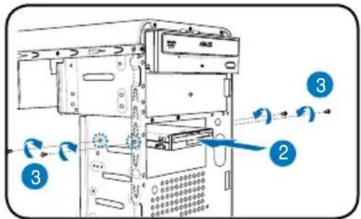 Diagram of a computer tower with labeled components and directional arrows indicating motion or signal flow.