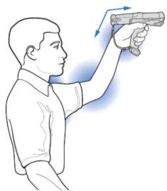 Line drawing of a person holding a handgun with motion arrows indicating movement (no text or symbols)