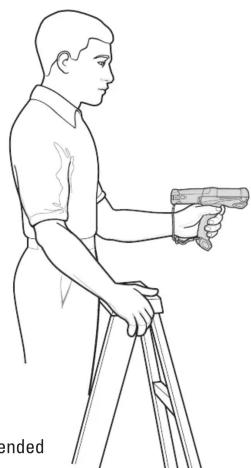 Line drawing of a person holding a handgun on a ladder (no text or symbols)