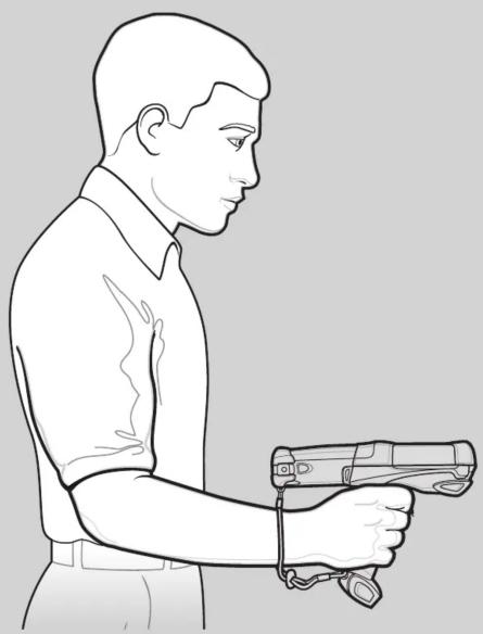 Line drawing of a person holding a handgun, viewed from side (no text or symbols)