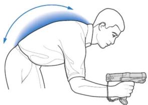 Illustration of a person holding a handgun with motion arrows indicating direction (no text or symbols)