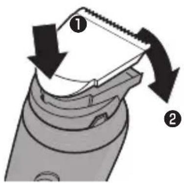 Diagram showing a hairpin with labeled parts and directional arrows indicating cutting or positioning motion.