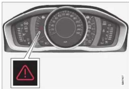 Diagram of a car dashboard with speedometer and warning symbol, highlighting a warning icon