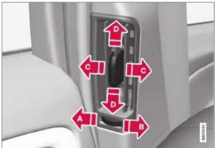 Diagram of car seatbelt with directional arrows labeled A, B, C, D indicating movement or positioning.