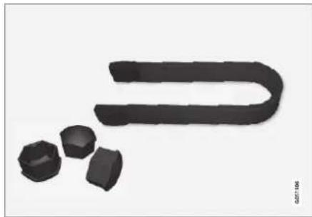 3D rendered black mechanical parts including a U-shaped bracket and three small protrusions (no text or symbols)