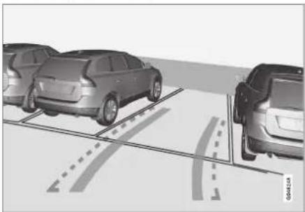 Diagram of three cars parked on a paved road with lane markings (no text or symbols)