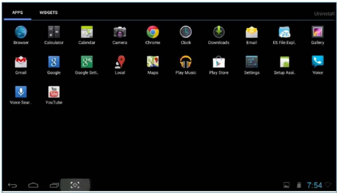 APPS WIDGETS Uninstall Browser Calculator Calendar Camera Chrome Clock Downloads Email ES File Expl. Gallery Gmail Google Google Sett.. Local Maps Play Music Play Store Settings Setup Assi.. Voice Voice Sear.. YouTube