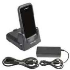 Black desktop phone with charging base and connected cables (no visible text or symbols)