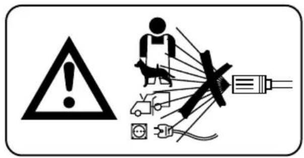Warning symbol and safety warning illustration showing a person using a device to avoid accidents, with warning symbols and electrical connections.