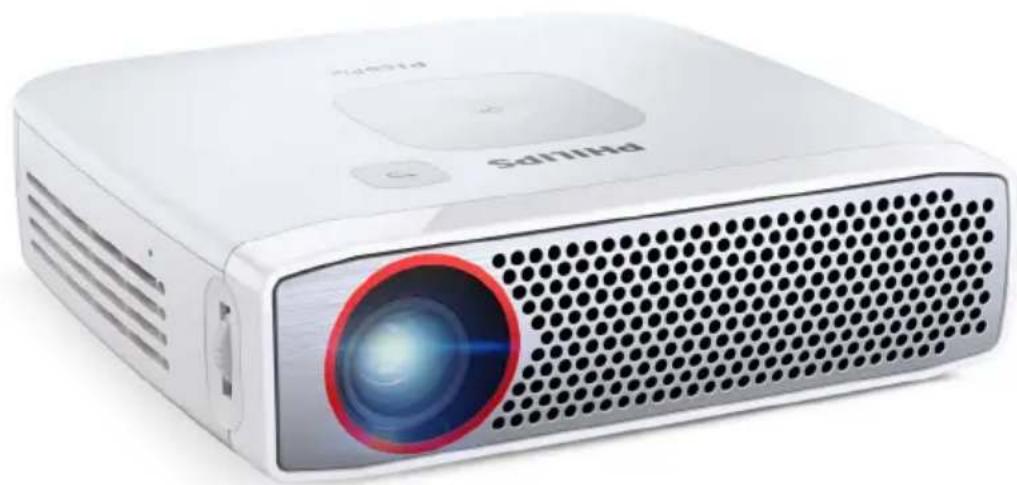 White portable projector with a red lens and hexagonal grille (no visible text or symbols)