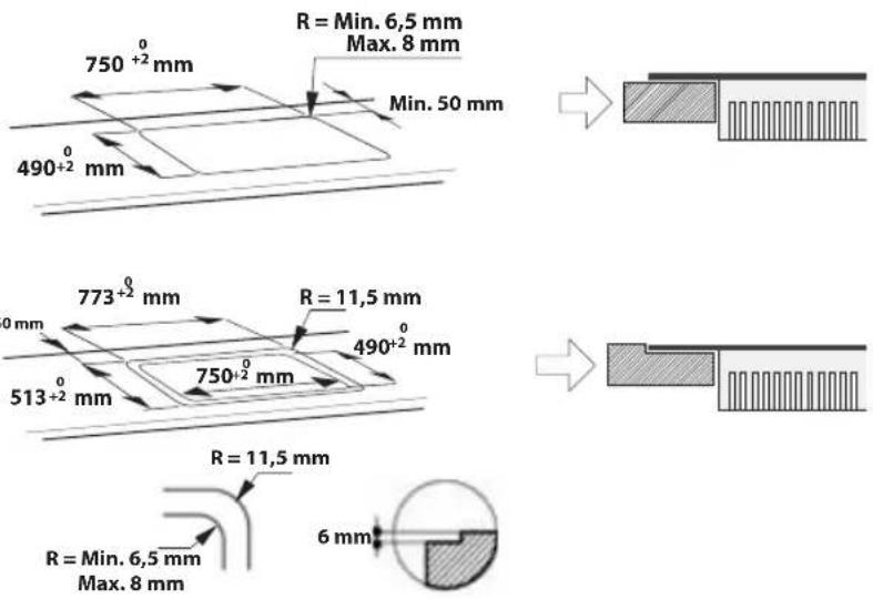 R = Min. 6,5 mm Max. 8 mm 750⁺² mm Min. 50 mm 490⁺² mm 773⁺² mm R = 11,5 mm 490⁺² mm 513⁺² mm 750⁺² mm R = 11,5 mm R = Min. 6,5 mm Max. 8 mm 6 mm