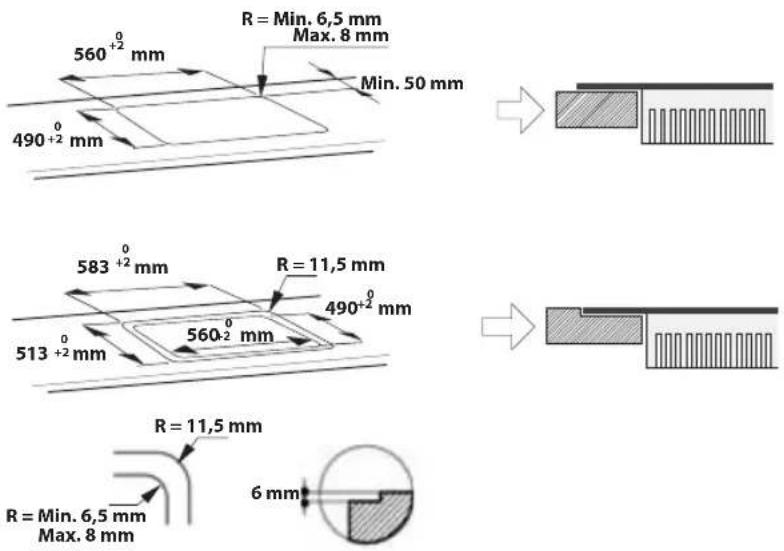 560⁺² mm R = Min. 6,5 mm Max. 8 mm Min. 50 mm 490⁺² mm 583⁺² mm R = 11,5 mm 513⁺² mm 490⁺² mm 560⁻² mm R = 11,5 mm R = Min. 6,5 mm Max. 8 mm 6 mm