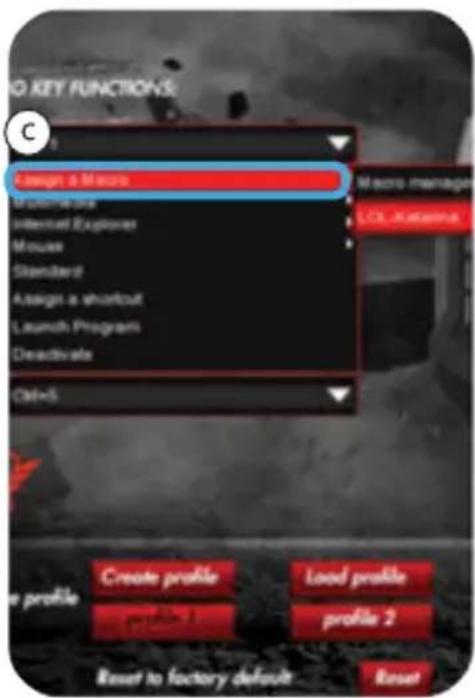 C Assign a Macro Macro profile Internet Explorer Mouse Standard Assign a shortcut Launch Programs Deadivate Ctrl+S Macro manager LOL-Kateman Create profile Load profile profile 2 Reset to factory default Reset