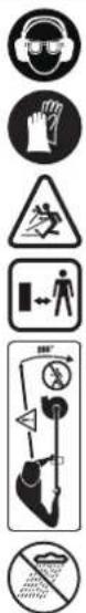 Collection of safety and hazard symbols including helmet, hand gesture, warning sign, pedestrian crossing, and detector mechanism.