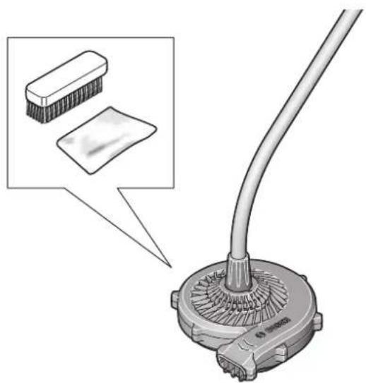 Diagram of a hairdryer with a curved tube and mesh base, showing a close-up view of the brush tip (no text or symbols present)