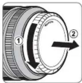 Diagram of a camera lens with labeled parts and directional arrows indicating rotation or movement.
