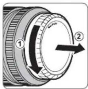 Diagram of a camera lens with labeled parts and directional arrow indicating rotation direction