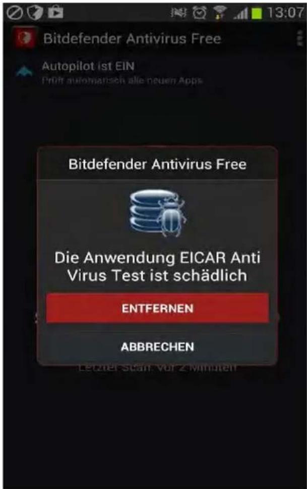 Bitdefender Antivirus Free Autopilot ist EIN Prüft automatisch alle neuen Apps Bitdefender Antivirus Free Die Anwendung EICAR Anti Virus Test ist schädlich ENTFERNEN ABBRECHEN