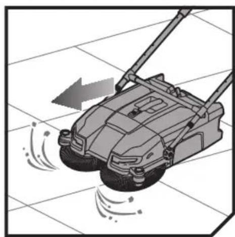 Illustration of a manual lawn mower on tiled floor, showing motion direction (no text or symbols)