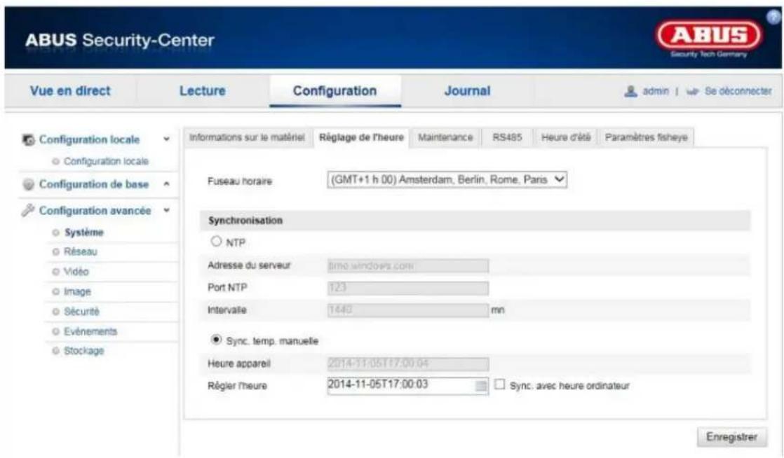 ABUS Security-Center Vue en direct Configuration Configuration locale Configuration de base Configuration avancée Système Réseau Vidéo Image Sécurité Evénements Stockage Lecture Configuration Journal admin | Se déconnecter Informations sur le matériel Réglage de l'heure Maintenance RS485 Heure d'été Paramètres fisheye Fuseau horaire (GMT+1 h 00) Amsterdam, Berlin, Rome, Paris Synchronisation NTP Adresse du serveur Time windows.com Port NTP 123 Intervale 1440 mn Sync. temp. manuelle Heure appareil 2014-11-05T17:00:04 Régier l'heure 2014-11-05T17:00:03 Sync. avec heure ordinateur Enregistrer