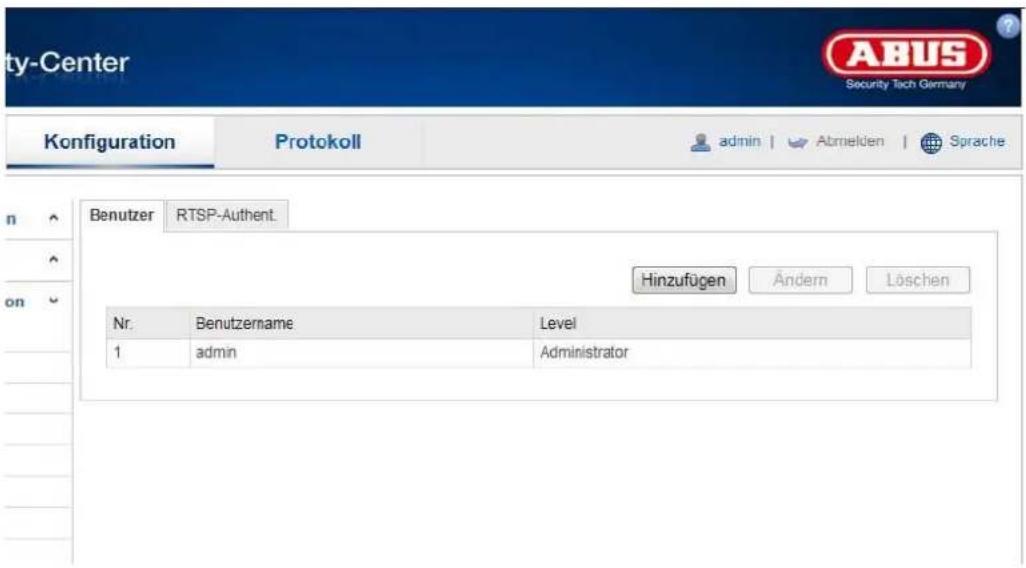 Benutzer RTSP-Authent. Hinzufügen Ändern Löschen Nr. Benutzername Level 1 admin Administrator