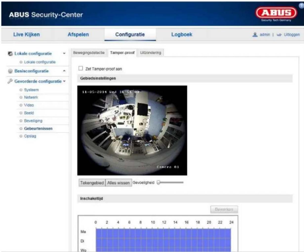 ABUS Security-Center Live Kijken Afspelen Configuratie Logboek admin | Uitloggen Lokale configuratie Lokale configuratie Basisconfiguratie Gevorderde configuratie Systeem Netwerk Video Beeld Beveliging Gebeurtenissen Opslag Bewegingsdetectie Tamper-proof Uitzondering Zet Tamper-proof aan Gebiedsinstellingen 11-05-2014 Wed 16:54:03 Cancro 01 Tekengebied Alles wissen Gevoeligheid Inschakeltijd Bewerken Ma Di Wo