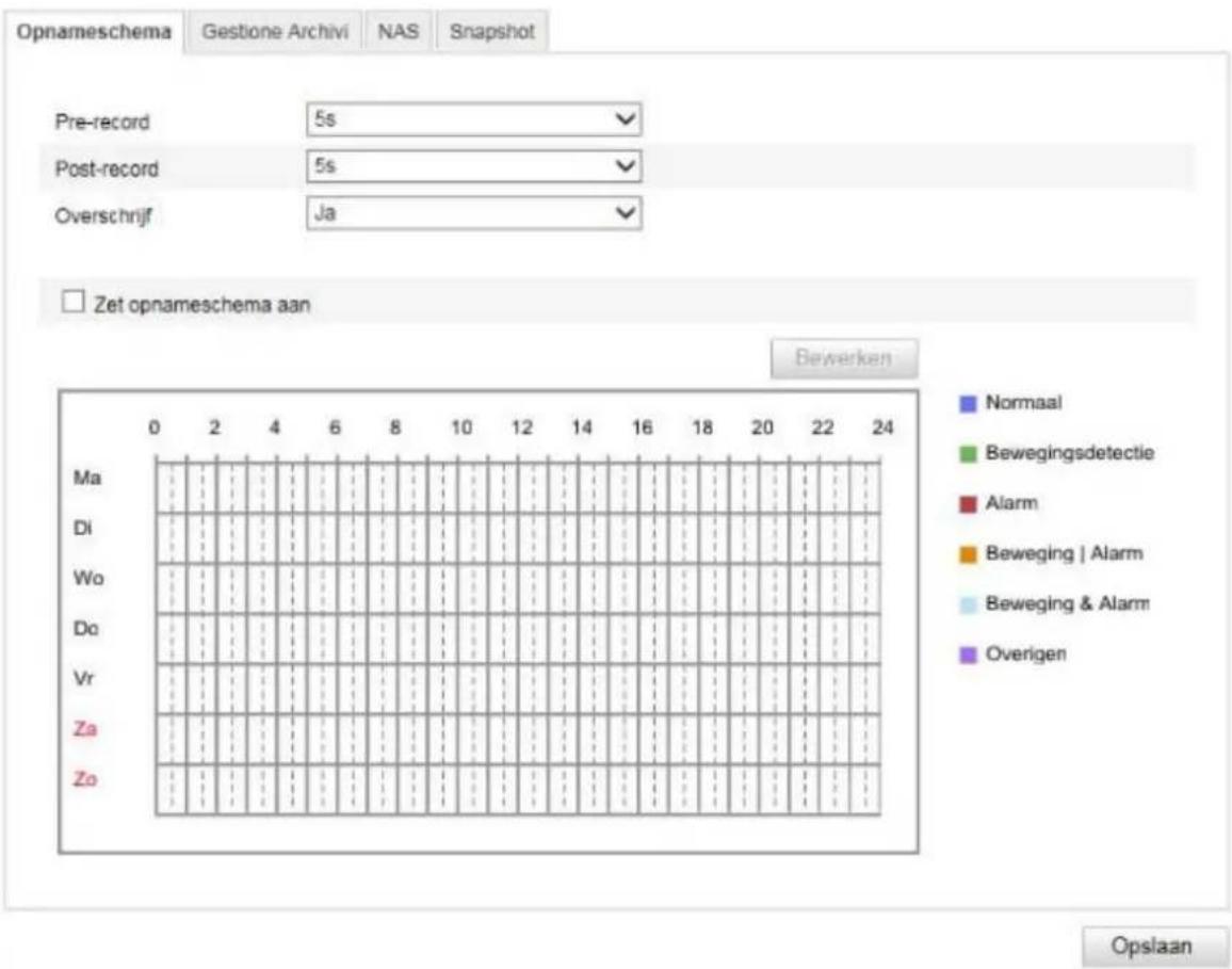 Opnameschema Gestione Archivi NAS Snapshot Pre-record 5s Post-record 5s Overschrijf Ja Zet opnameschema aan Bewerken Ma Di Wo Do Vr Za Zo Normaal Bewegingsdetectie Alarm Beweging | Alarm Beweging & Alarm Overigen Opslaan