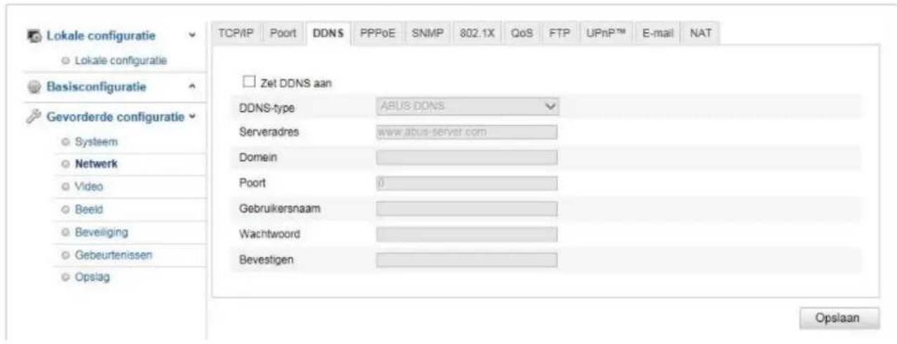 Lokale configuratie Lokale configuratie Basisconfiguratie Gevorderde configuratie Systaem Netwerk Video Beeld Beveliging Gebeurtenissen Opslag TCP/IP Poort DDNS PPPoE SNMP 802.1X QoS FTP UPnP™ E-mail NAT Zet DDNS aan DDNS-type ABUS DDNS Serveradres www.abus-server.com Domein Poort 0 Gebruikersnaam Wachtwoord Bevestigen Opslaan