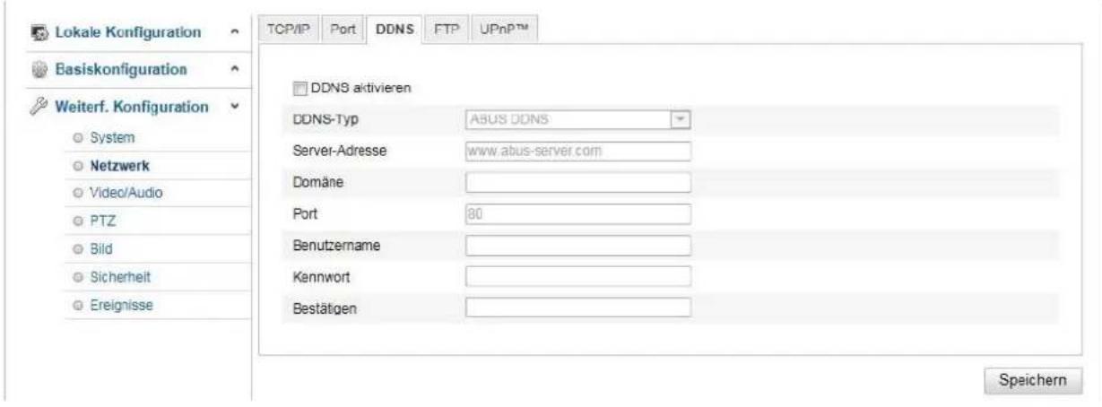 Lokale Konfiguration Basiskonfiguration Weiterf. Konfiguration System Netzwerk Video/Audio PTZ Bild Sicherheit Ereignisse TCP/IP Port DDNS FTP UPnP™ DDNS aktivieren DDNS-Typ ASUS DDNS Server-Adresse www.abus-server.com Domäne Port 80 Benutzername Kennwort Bestätigen Speichern