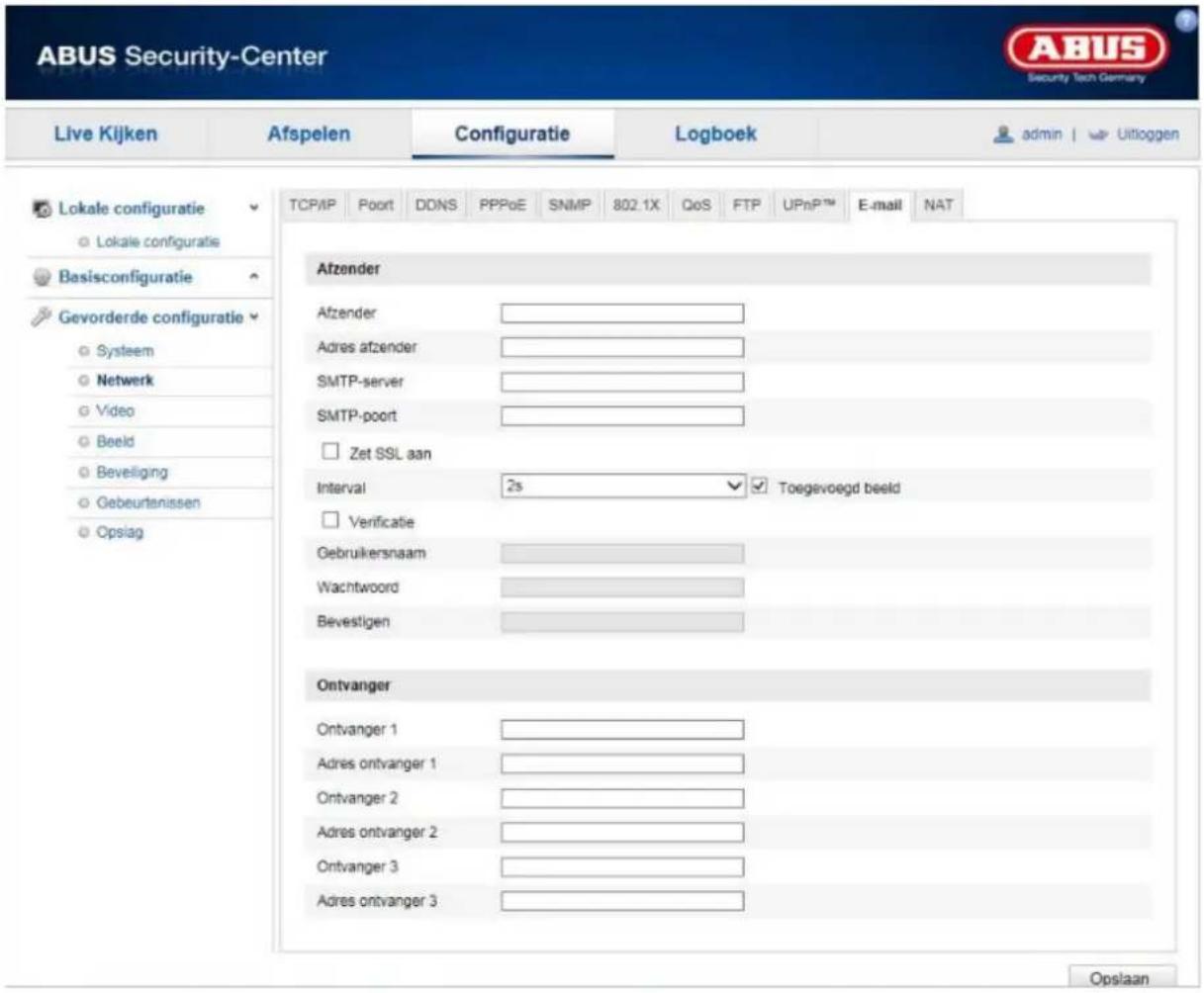 ABUS Security-Center Live Kijken Afspelen Configuratie Logboek admin | Uitloggen TCP/IP Poort DDNS PPPoE SNMP 802.1X QoS FTP UPnPTM E-mail NAT Lokale configuratie Lokale configuratie Basisconfiguratie Gevorderde configuratie Systeem Netwerk Video Beeld Beveliging Gebeurtenissen Opslag Afzender Afzender Adres afzender SMTP-server SMTP-poort Zet SSL aan Interval 2s Toegevoegd beeld Verificatie Oebruikersnaam Wachtwoord Bevestigen Ontvanger Ontvanger 1 Adres ontvanger 1 Ontvanger 2 Adres ontvanger 2 Ontvanger 3 Adres ontvanger 3 Opslaan