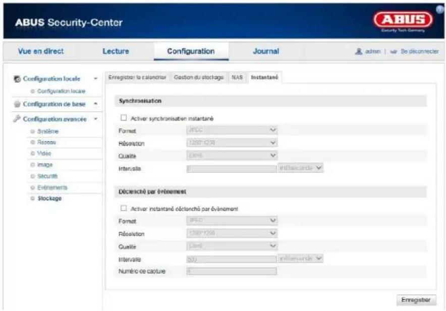 ABUS Security-Center Vue en direct Lecture Configuration Journal admin | Se déconnecter Configuration locale Configuration locale Configuration de base Configuration avancée Système Réseau Video Image Secure Événements Stoçage Enregistrer la calendrier Gestion du stockage NAS Instantané Synchronisation Active synchronisation instantaré Format: MPCC Résération: 1200-1234 Qualité: ENRIE Intervale: 0 initissérée Dépréché par érénement Active instantaré cûctionché par événement Format: MPCE Résolution: 1200-1234 Qualité: Cené Intervale: 600 initissérée Numéro de capture: 8 Enregistrer