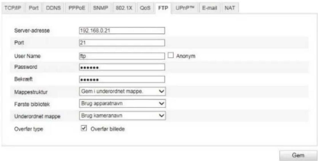TCP/IP Port DDNS PPPoE SNMP 802.1X QoS FTP UPnP™ E-mail NAT Server-adresse 192.168.0.21 Port 21 User Name ftp □ Anonym Password ********** Bekræft ********** Mappestruktur Gem i underordnet mappe. Første bibliotek Brug apparatnavn Underordnet mappe Brug kameranavn Overfør type ✓ Overfør billede Gem
