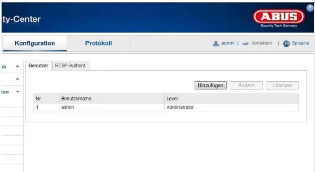 ty-Center OBUS Security Tech Germany Konfiguration Protokoll admin Abmelden Sprache Benutzer RTSP-Authent Hinzufügen Ändem Löschen Nr. Benutzername Level 1 admin Administrator