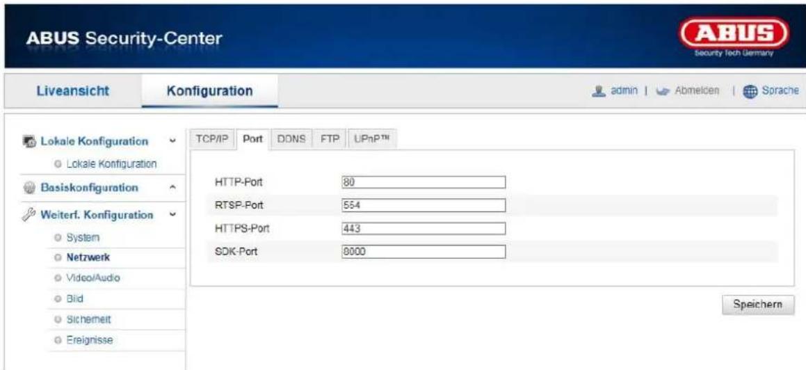 ABUS Security-Center Liveansicht Konfiguration admin Abmelden Sprache Lokale Konfiguration Lokale Konfiguration Basiskonfiguration Weiterf. Konfiguration System Netzwerk Video/Audio Bid Sichemeit Ereignisse TCP/IP Port DONS FTP UPnP™ HTTP-Port 80 RTSP-Port 554 HTTPS-Port 443 SDK-Port 8000 Speichern