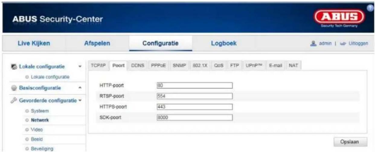 ABUS Security-Center Live Kijken Afspelen Configuratie Logboek admin | Uitioggen TCP/IP Poort DDNS PPPoE SNMP 802.1X QoS FTP UPnP™ E-mail NAT Lokale configuratie Lokale configuratie Basisconfiguratie Gevorderde configuratie Systeem Netwerk Video Beeld Beveiliging HTTP-poort 80 RTSP-poort 554 HTTPS-poort 443 SDK-poort 8000 Opslaan