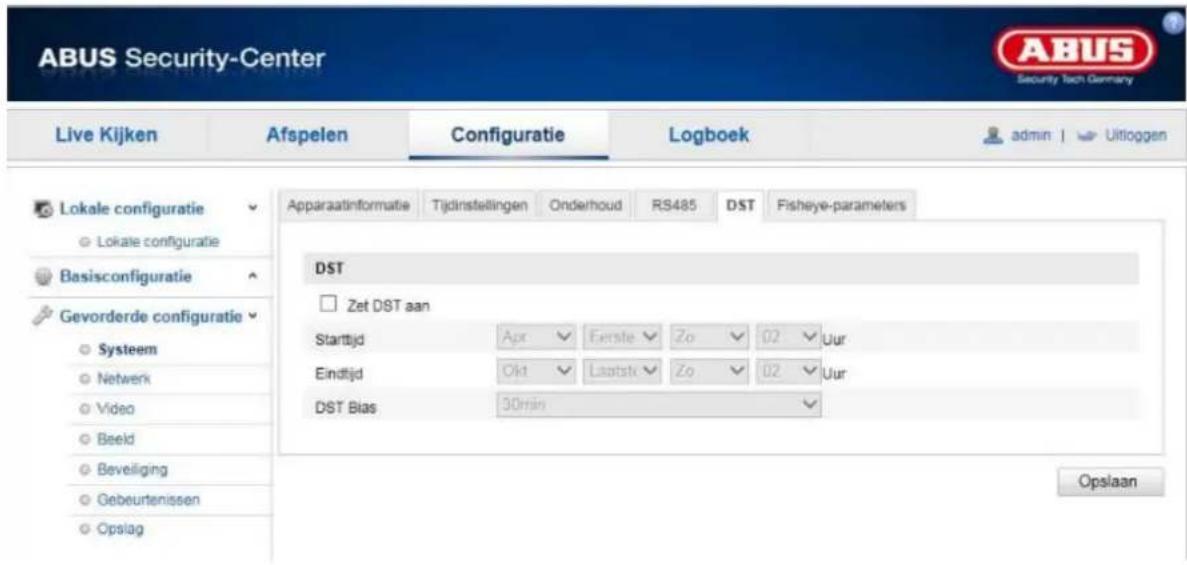 ABUS Security-Center Live Kijken Afspelen Configuratie Logboek admin | Uitloggen Lokale configuratie Lokale configuratie Basisconfiguratie Gevorderde configuratie Systeem Netwerk Video Beeld Beveliging Gebeurtenissen Opslag Apparaatinformatie Tijdinstellingen Onderhoud RS485 DST Fisheye-parameters DST Zet DST aan Startijd Apr Eerste Zo 02 Uur Eindtijd Okt Laatsk Zo 02 Uur DST Bias 30min Opslaan