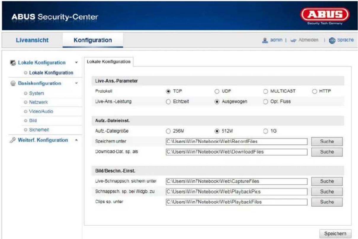 ABUS Security-Center Liveansicht Konfiguration admin | Abmeiden | Sprache Lokale Konfiguration Lokale Konfiguration Basiskonfiguration System Netzwerk Video/Audio Bild Sicherheit Weiterf. Konfiguration Live-Ans.-Parameter Protokoll TCP UDP MULTICAST HTTP Live-Ans.-Leistung Echtzeit Ausgewogen Opt. Fluss Aufz.-Dateieinst. Aufz.-Dateigroße 256M 512M 1G Speichern unter C:\Users\Win7Notebook\Web\RecordFiles Suche Downcad-Dat. sp. als C:\Users\Win7Notebook\Web\DownloadFiles Suche Bild/Beschn.-Einst. Live-Schnappsch. sichern unter C:\Users\Win7Notebook\Web\CaptureFiles Suche Schnappsch. sp. bei Wdgb. zu C:\Users\Win7Notebook\Web\PlaybackPics Suche Clips sp. unter C:\Users\Win7Notebook\Web\PlaybackFiles Suche Speichern