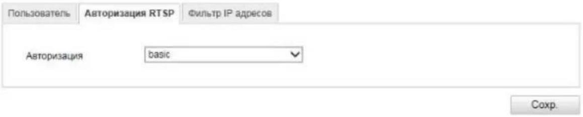 Пользователь Авторизация RTSP фильтр IP адресов Авторизация basic Coxp.