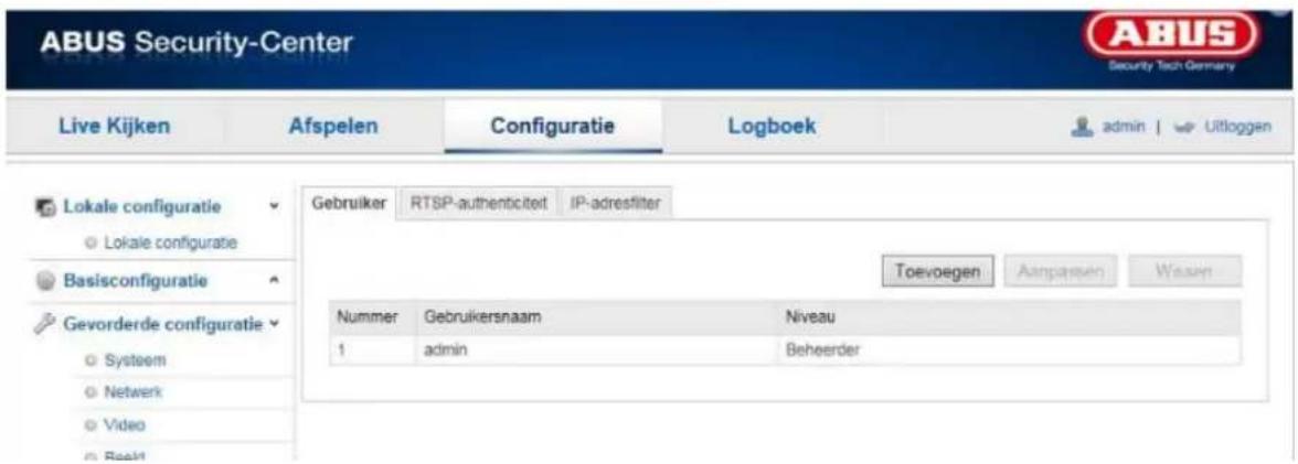 ABUS Security-Center Live Kijken Afspelen Configuratie Logboek admin | Uitloggen Lokale configuratie Lokale configuratie Basisconfiguratie Gevorderde configuratie Systeem Netwerk Video Reel Gebruiker RTSP-authenticiteit IP-adresfilter Toevoegen Aamparen Wasen Nummer Gebruikersnaam Niveau 1 admin Beheerder
