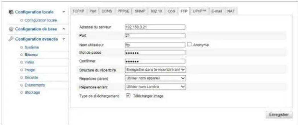 Configuration locale Configuration locale Configuration de base Configuration avancée Système Réseau Vidéo Image Sécurité Événements Stockage TCP/IP Port DDNS PPPoE SNMP 802.1X QoS FTP UPnP™ E-mail NAT Adresse du serveur 192.168.0.21 Port 21 Nom utilisateur ftp Anonyme Mot de passe ********** Confirmer ********** Structure du répertoire Enregistrer dans le répertoire ont Répertoire parent Utiliser nom appareil Répertoire enfant Utiliser nom caméra Type de téléchargement Télécharger image Enregistrer