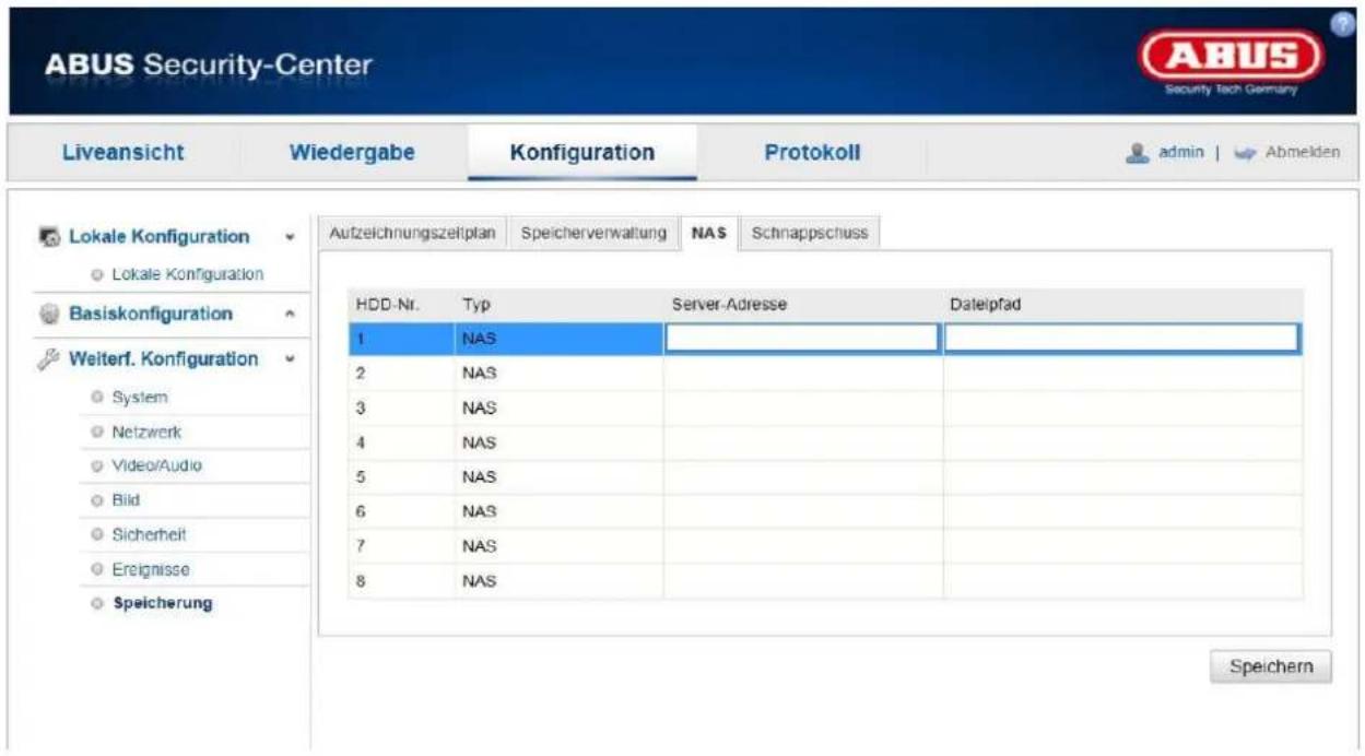 ABUS Security-Center Liveansicht Wiedergabe Konfiguration Protokoll admin | Abmelden Lokale Konfiguration Lokale Konfiguration Basiskonfiguration Weiterf. Konfiguration System Netzwerk Video/Audio Bild Sicherheit Ereignisse Speicherung Aufzeichnungszeitplan Speicherverwaltung NAS Schnappschuss HDD-Nr. Typ Server-Adresse Dateipfad 1 NAS 2 NAS 3 NAS 4 NAS 5 NAS 6 NAS 7 NAS 8 NAS Speichern