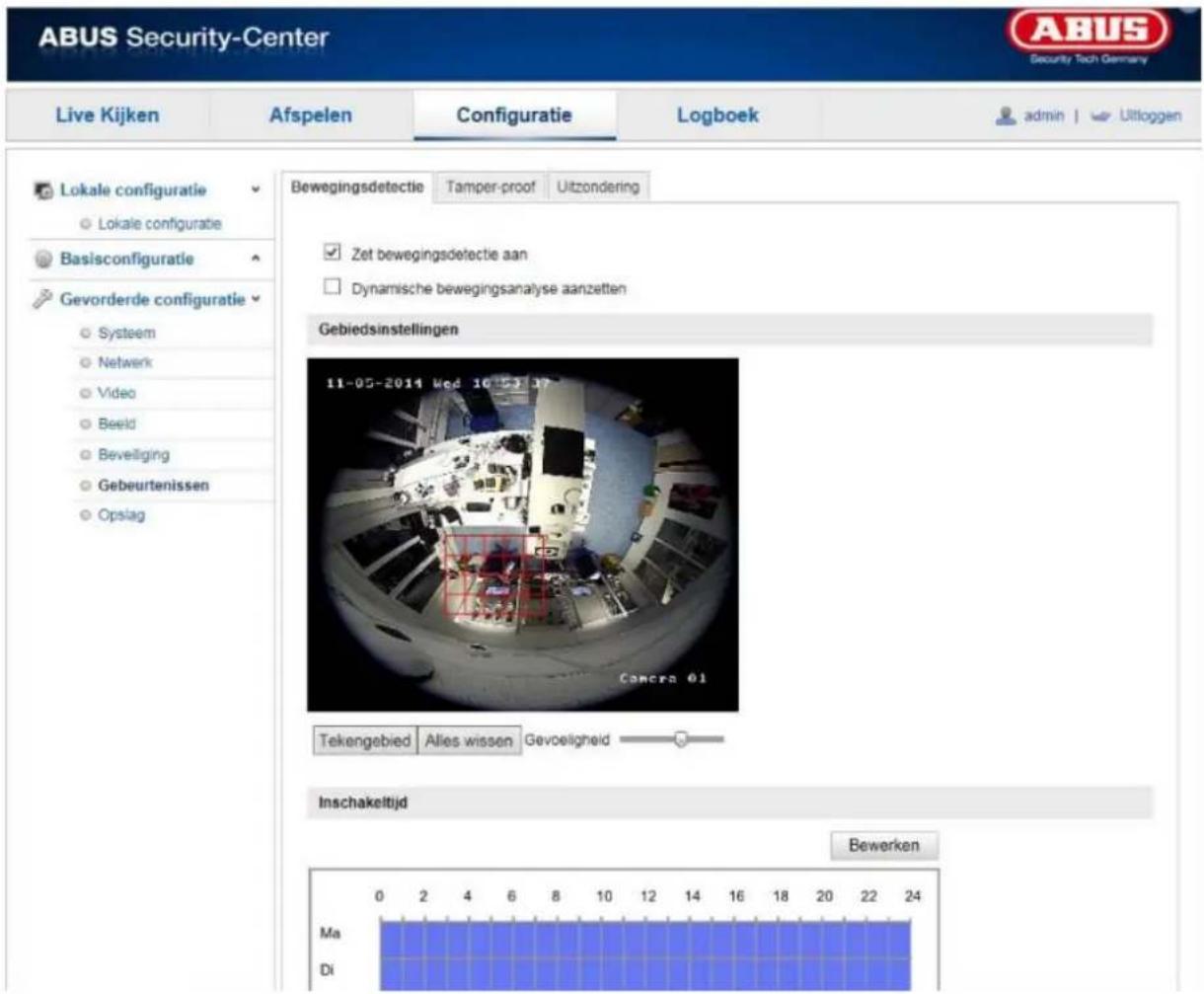 ABUS Security-Center Live Kijken Afspelen Configuratie Logboek admin | Uitloggen Lokale configuratie Lokale configuratie Basisconfiguratie Gevorderde configuratie Systeem Netwerk Video Beeld Beveiliging Gebeurtenissen Opslag Bewegingsdetectie Tamper-proof Uitzondering Zet bewegingsdetectie aan Dynamische bewegingsanalyse aanzetten Gebiedsinstellingen 11-05-2014 Wed 10:17 17 Concrea 01 Tekengebied Alies wissen Gevoeligheid Inschakeltijd Bewerken Ma Di