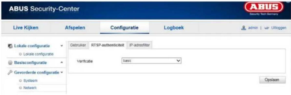 ABUS Security-Center Live Kijken Afspelen Configuratie Logboek admin | Uitloggen Lokale configuratie Lokale configuratie Basisconfiguratie Gevorderde configuratie Systeem Netwerk Gebruiker RTSP-authenticiteit IP-adresfilter Verticate basic Opslaan