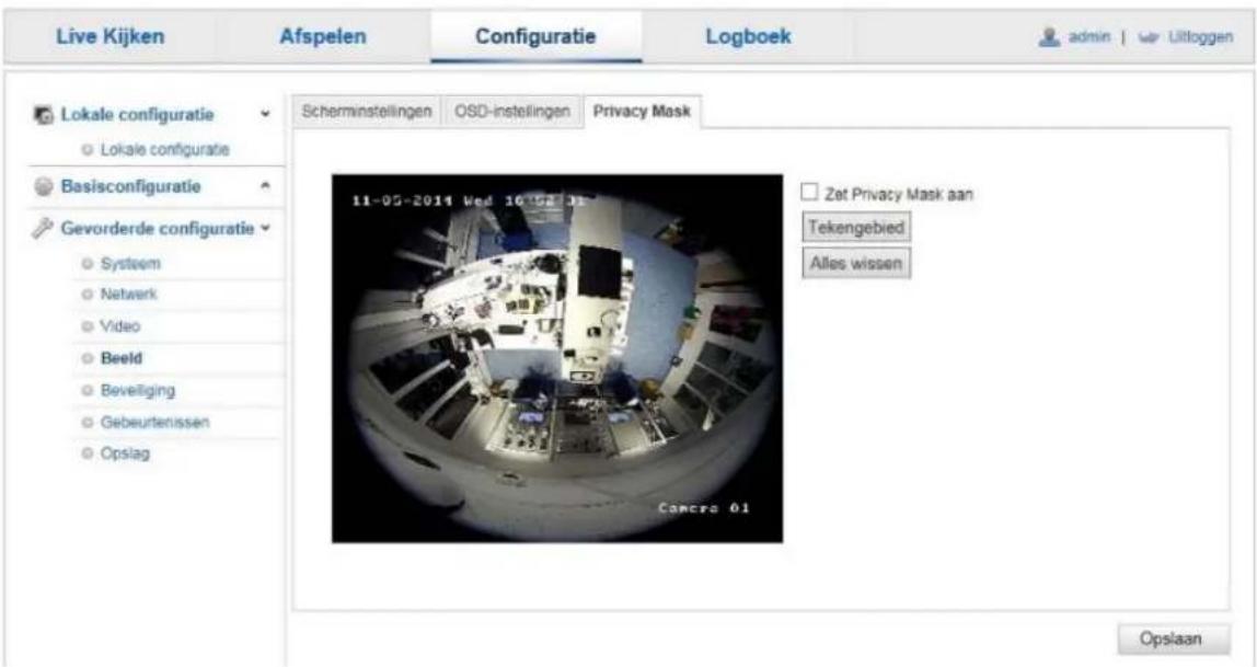 Live Kijken Afspelen Configuratie Logboek admin | Uitloggen Lokale configuratie Lokale configuratie Basisconfiguratie Gevorderde configuratie System Network Video Beeld Beveiliging Gebeurtenissen Opslag Scheminstellingen OSD-instellingen Privacy Mask 11-05-2014 Wed 16:07:31 Zet Privacy Mask aan Tekengebied Alles wissen Camera 01 Opslaan