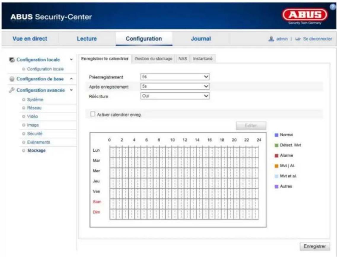 ABUS Security-Center Vue en direct Lecture Configuration Journal admin | Se déconnecter Configuration locale Configuration locale Configuration de base Configuration avancée Système Réseau Vidéo Image Sécurité Evénements Stockage Enregistrer le calendrier Gestion du stockage NAS Instantané Préenregistrement 5s Après enregistrement 5s Réécriture Oui □ Activer calendrier enreg. Editor Normal Défect. Mvt Alarme Mvt | Al. Mvt et al. Autres 0 2 4 6 8 10 12 14 16 18 20 22 24 Lun Mar Mer Jeu Ven Sam Dim Enregistrer