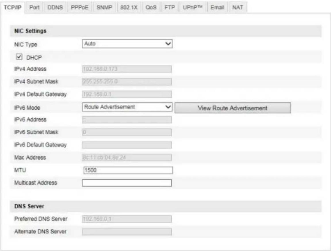 TCP/IP Port DDNS PPPoE SNMP 802.1X QoS FTP UPnPTM Email NAT NIC Settings NIC Type Auto ✓ DHCP IPv4 Address 192.168.0.173 IPv4 Subnet Mask 255.255.255.0 IPv4 Default Gateway 192.168.0.1 IPv6 Mode Route Advertisement View Route Advertisement IPv6 Address IPv6 Subnet Mask 0 IPv6 Default Gateway Mac Add…