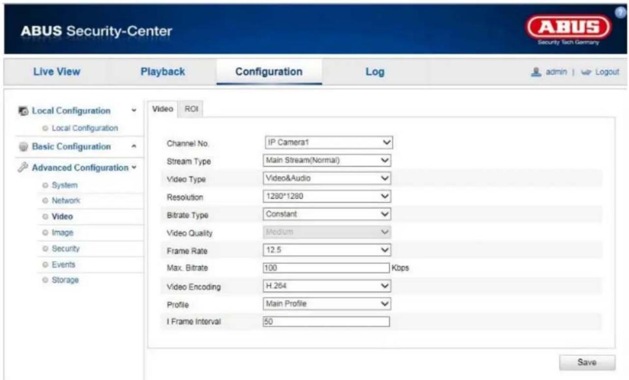 ABUS Security-Center Local Configuration Basic Configuration Advanced Configuration System Network Video Image Security Events Storage Live View Playback Configuration Log admin | > Logout Video ROI Channel No. IP Camera1 Stream Type Main Stream(Normal) Video Type Video&Audio Resolution 1280*1280 Bi…
